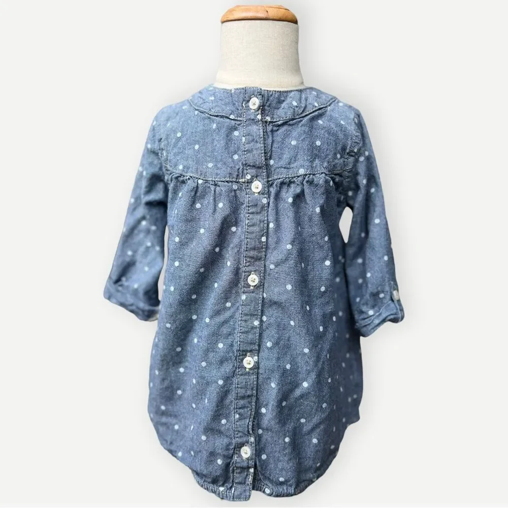 Carter’s Girls Button Up Chambray Polka Dot Roll Sleeve Cotton Tunic Top. 3. 3T.
